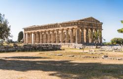 View of the Temple of Hera II at the Greco-Roman archaeological site of Paestum